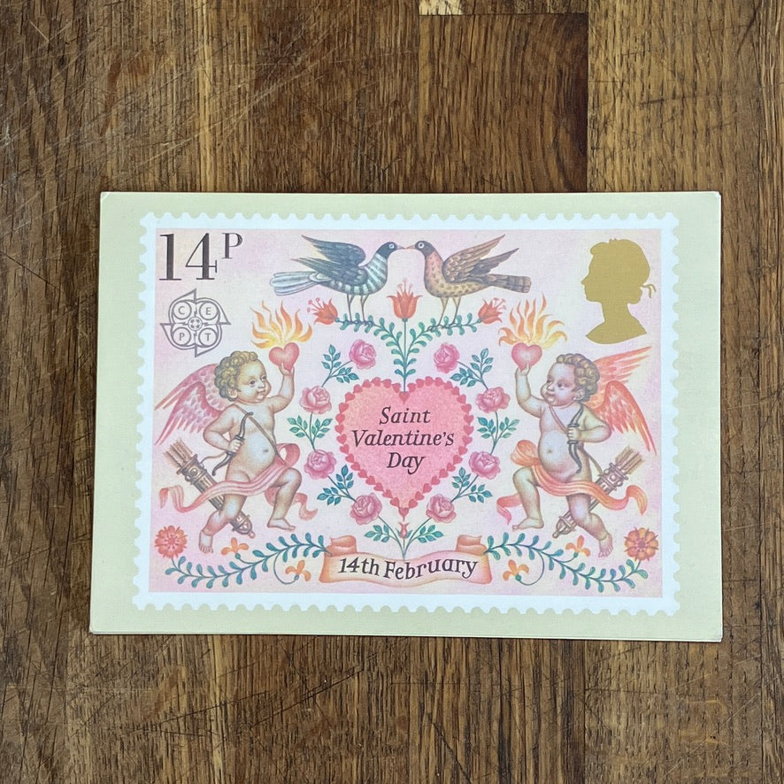 Valentines vintage postcard with first day issue stamp | St Valentines Day by Fritz Wegner | 14p stamp 1981