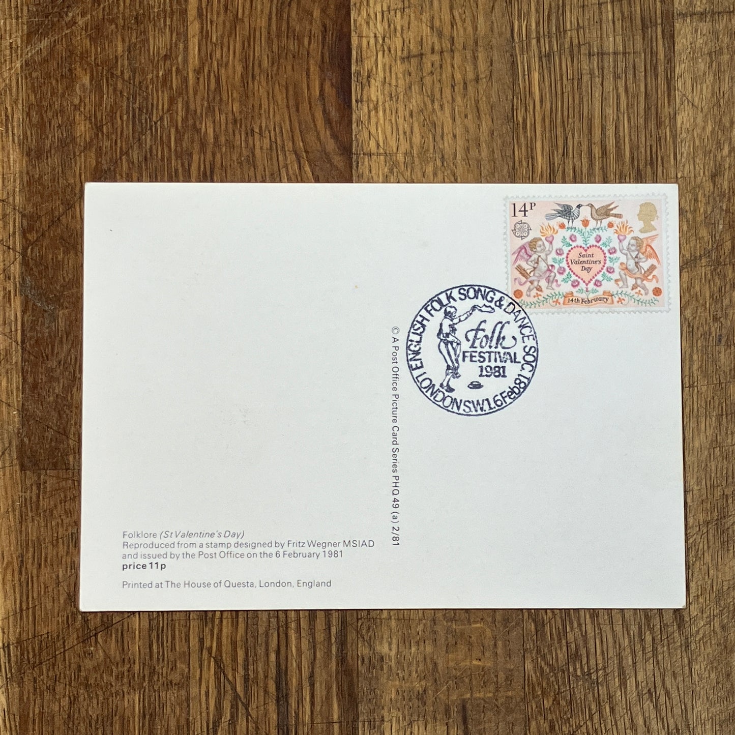 Valentines vintage postcard with first day issue stamp | St Valentines Day by Fritz Wegner | 14p stamp 1981