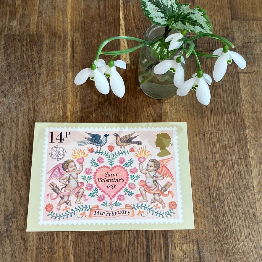 Valentines vintage postcard with first day issue stamp | St Valentines Day by Fritz Wegner | 14p stamp 1981