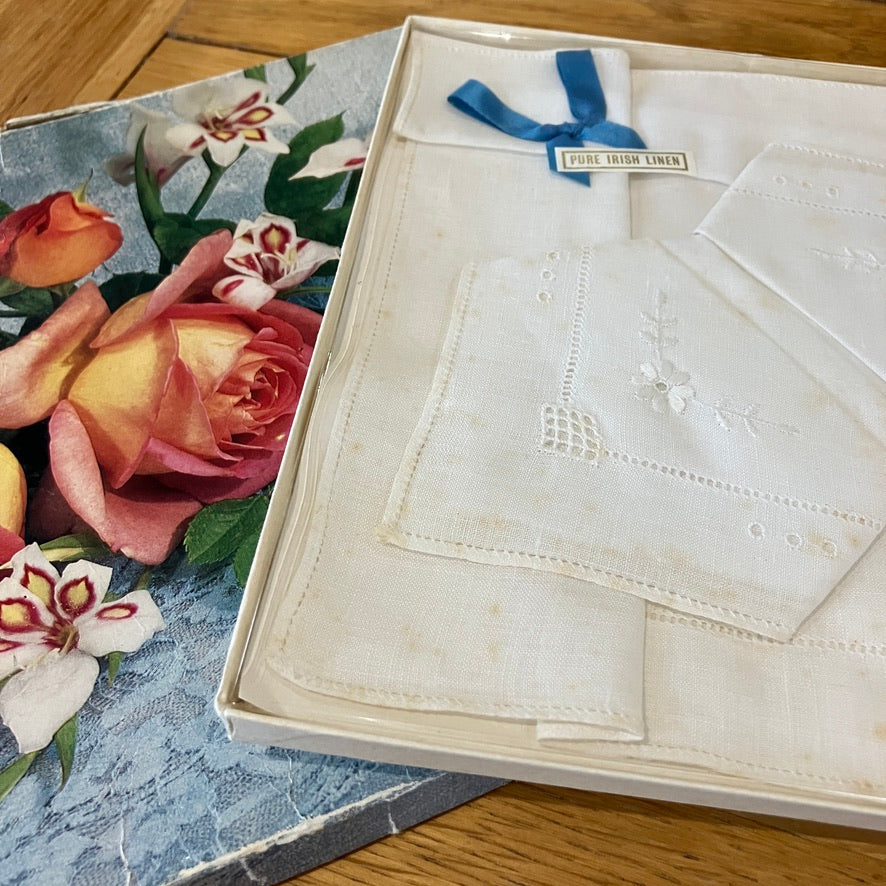 Vintage linen lace handkerchiefs in box with genuine age spots Croglofft