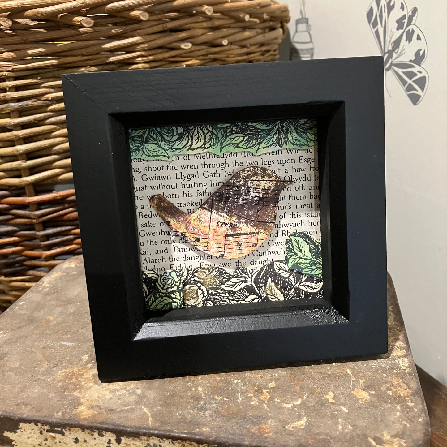 Wren embellishments on recycled music paper - 10 x birds