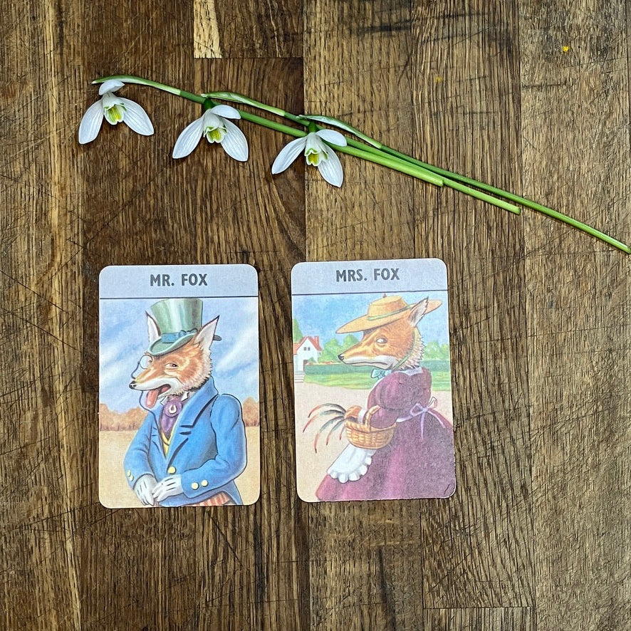 Miss Fox & Master Fox playing cards from the Woodland Happy Families card game