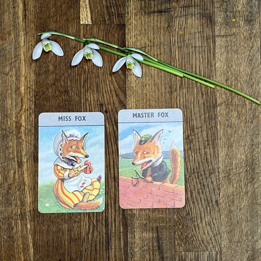 Miss Fox & Master Fox playing cards from the Woodland Happy Families card game