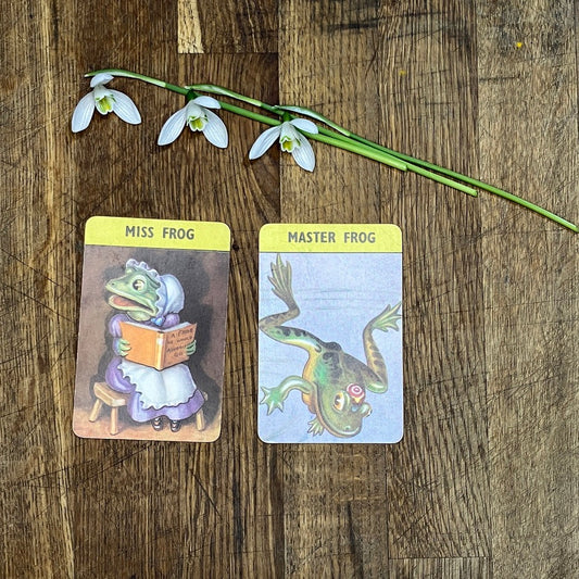 Miss Frog and Master Frog playing cards from the Woodland Happy Families card game