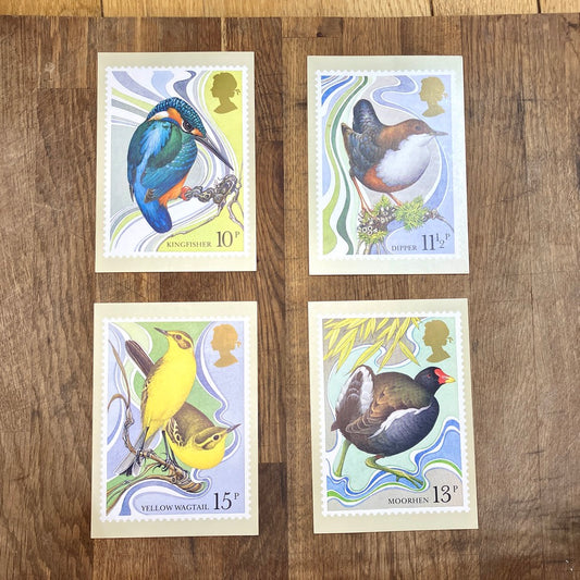 Vintage bird postcards with first day issue stamps ~ set of 4 | British birds by Michael Warren | 1980