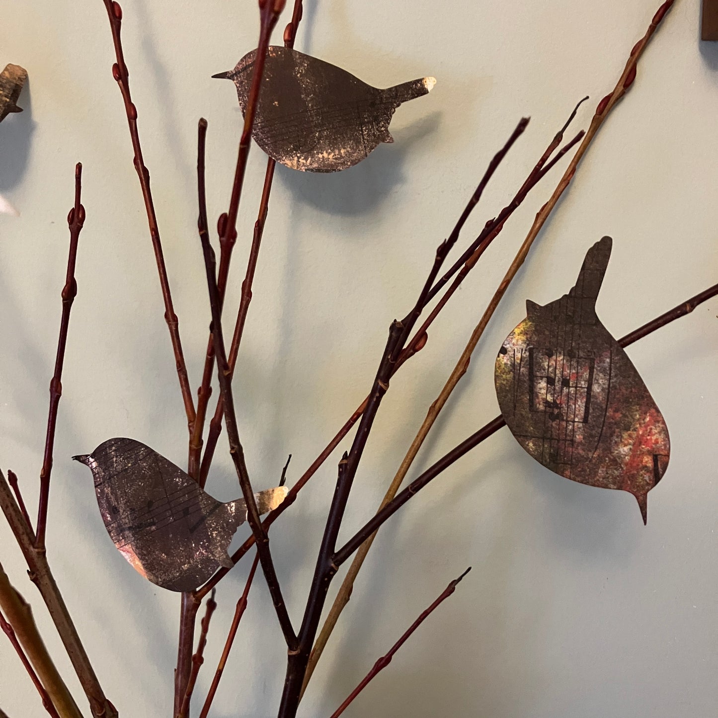A chime of wrens ~ papercraft wrens on willow