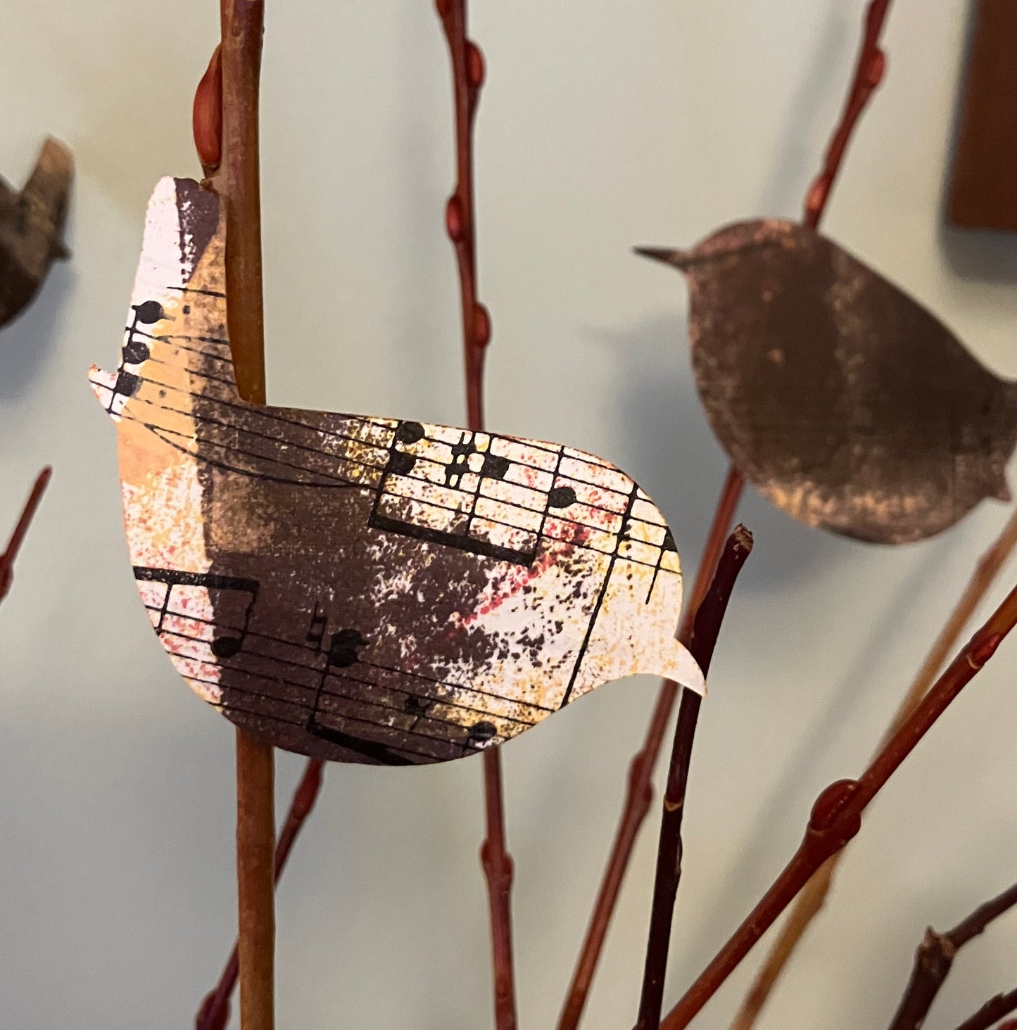 A chime of wrens ~ papercraft wrens on willow